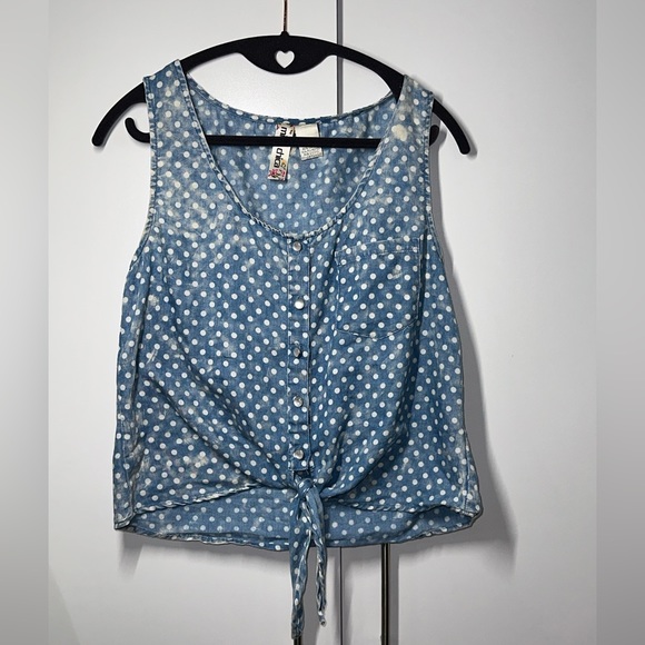 Mimi Chica | Sleeveless Medium Dotted Button Down Tank Top Faux Denim Tie Front - Picture 2 of 7